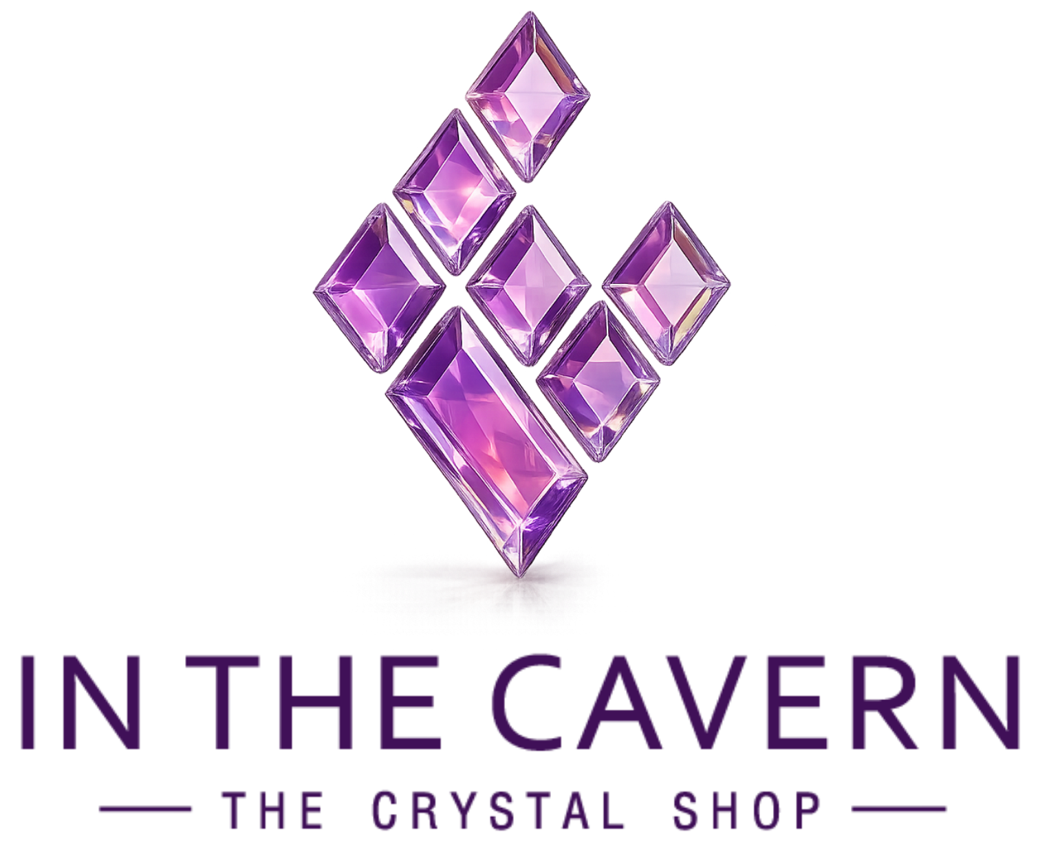 Logo for 'In the Cavern The Crystal Shop' featuring purple crystal-like shapes on a white background.