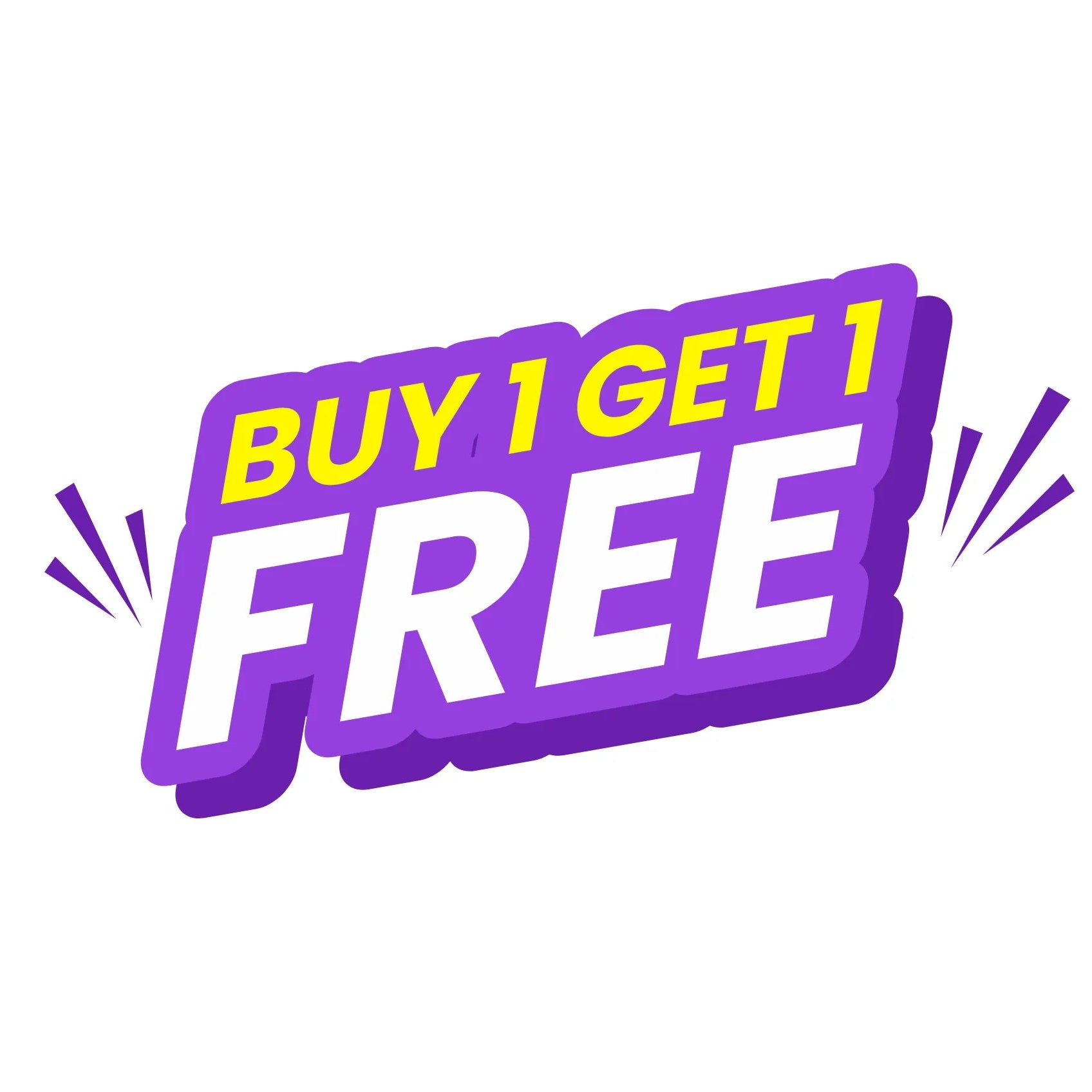 A bold promotional graphic reading 'BUY 1 GET 1 FREE' in yellow and white text on a purple 3D sticker-style badge with small purple burst shapes on a plain white background.