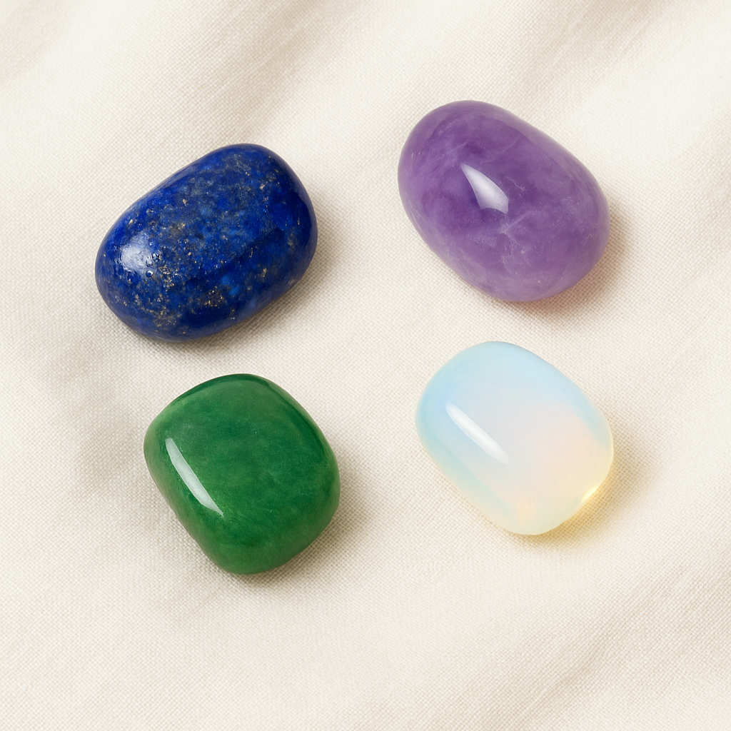 Four gemstones (lapis lazuli, amethyst, green aventurine, and opal) on a light beige background