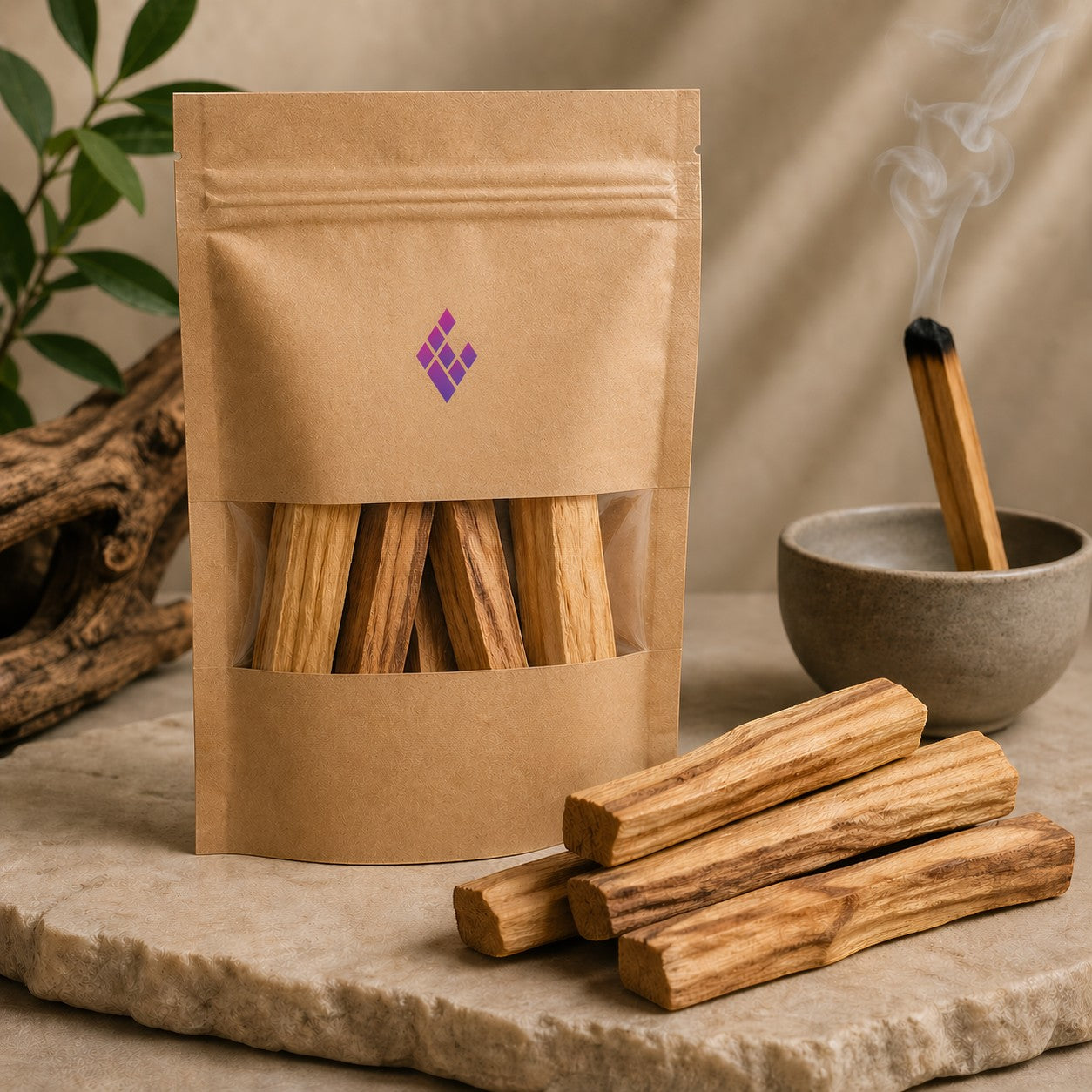 In The Cavern Palo Santo wood cleansing sticks in a brown pouch and a bowl with smoke rising from a lit stick.