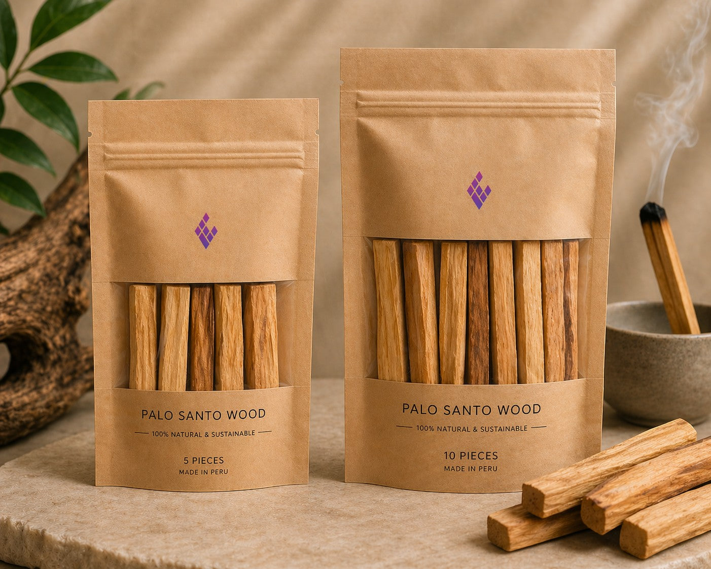 In The Cavern Palo Santo wood cleansing sticks, 5 and 10 piece packs, natural wood with purple logo. One stick burns with smoke.