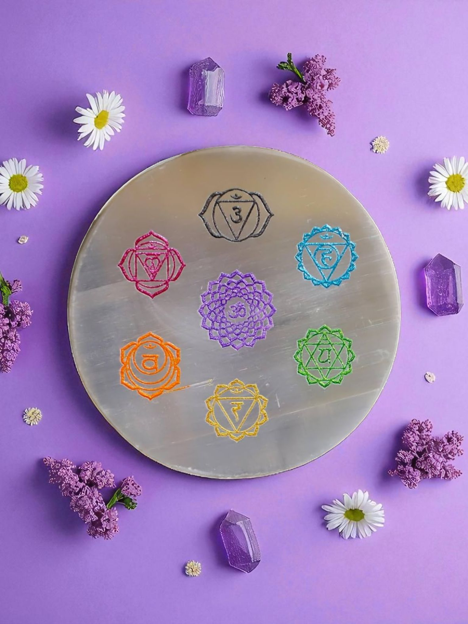 Selenite Charging Plate - Seven Chakra Signs Engraved - In The Cavern