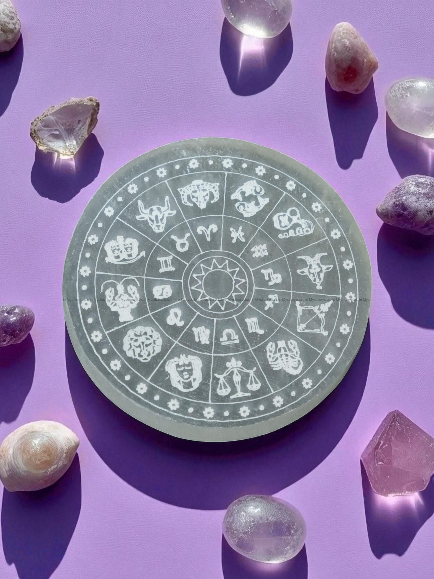 Selenite Charging Plate - Zodiac Signs Engraved - In The Cavern